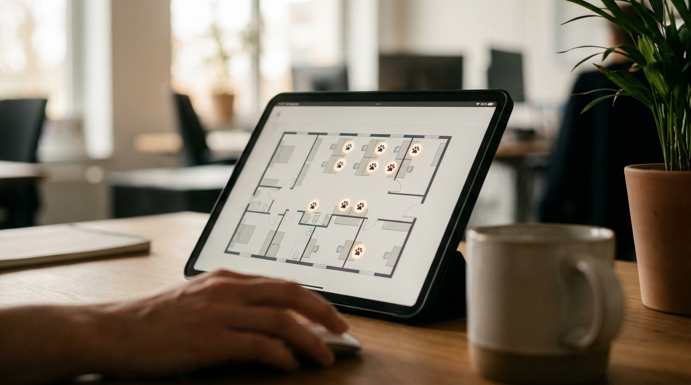 A digital dashboard showing a workspace layout with small paw icons indicating which desks have dogs booked for the day