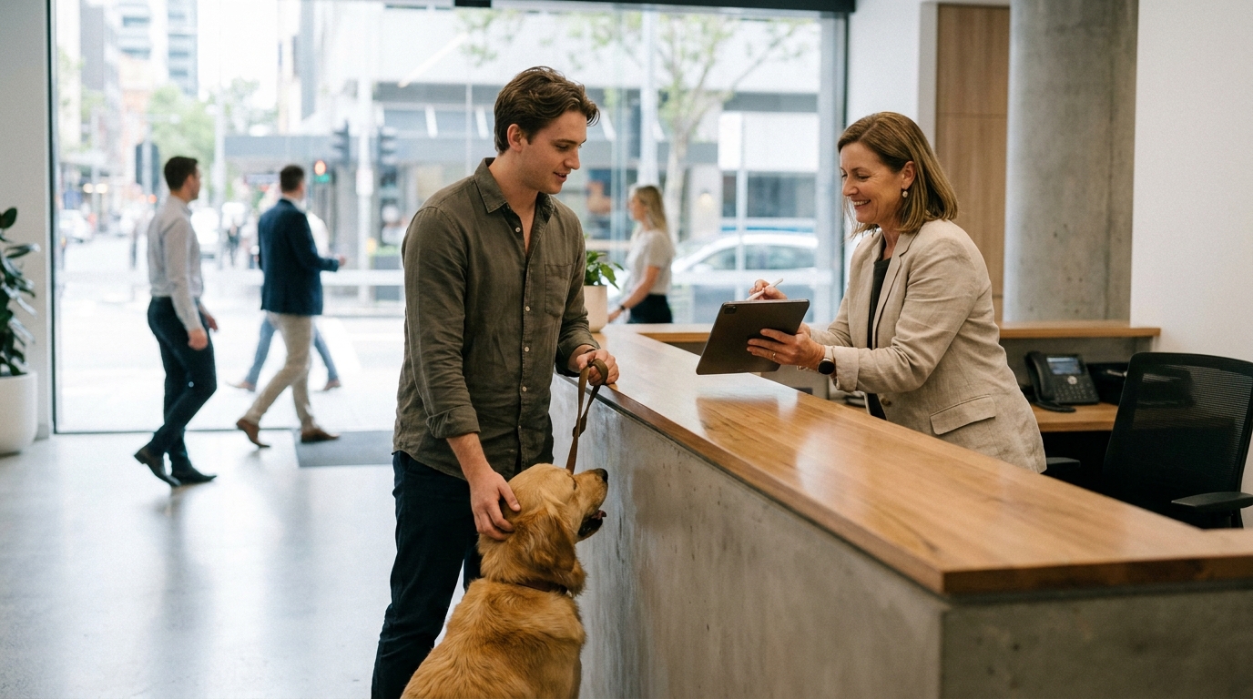 An Australian office manager using a tablet to check in a member and their dog at a sleek reception desk