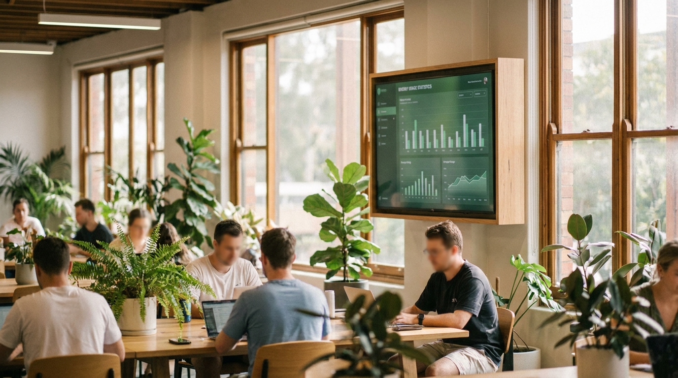 A modern Australian coworking space with natural light, indoor plants, and a digital dashboard showing energy usage statistics.