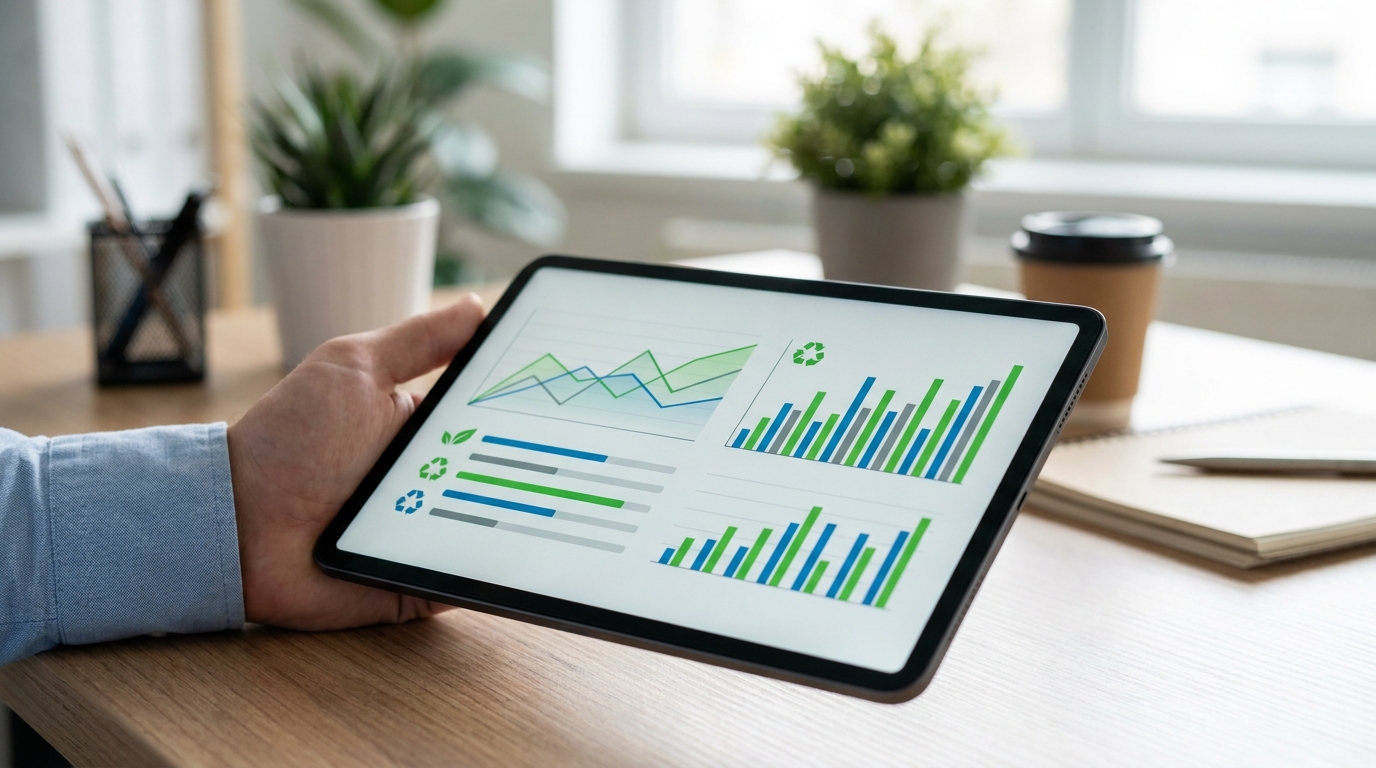 A tablet displaying a sustainability dashboard with charts showing carbon footprint reduction and waste diversion rates for a commercial property.