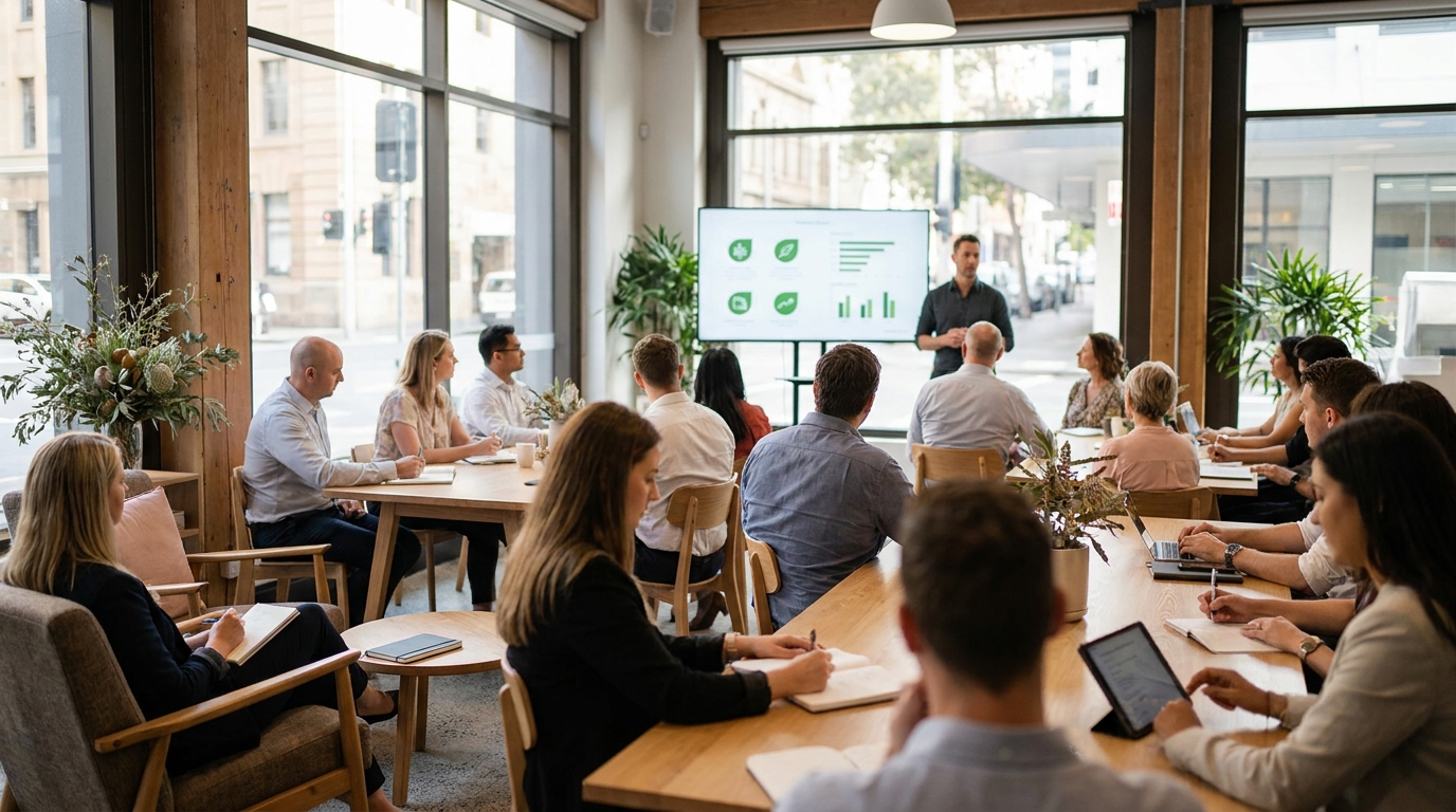 A group of people in a coworking space attending a workshop about sustainable business practices in Australia.