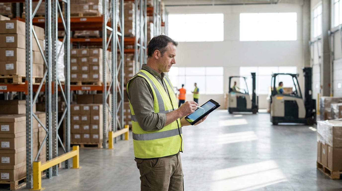 A modern warehouse interior with neatly organised pallet racking and a facility manager using a tablet to manage inventory and space allocations.