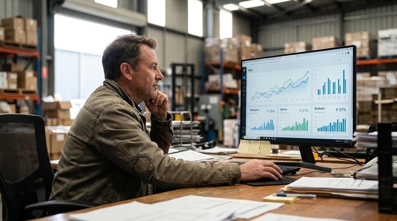 A business owner looking at a data dashboard showing revenue growth and occupancy rates across three different warehouse locations in Australia.