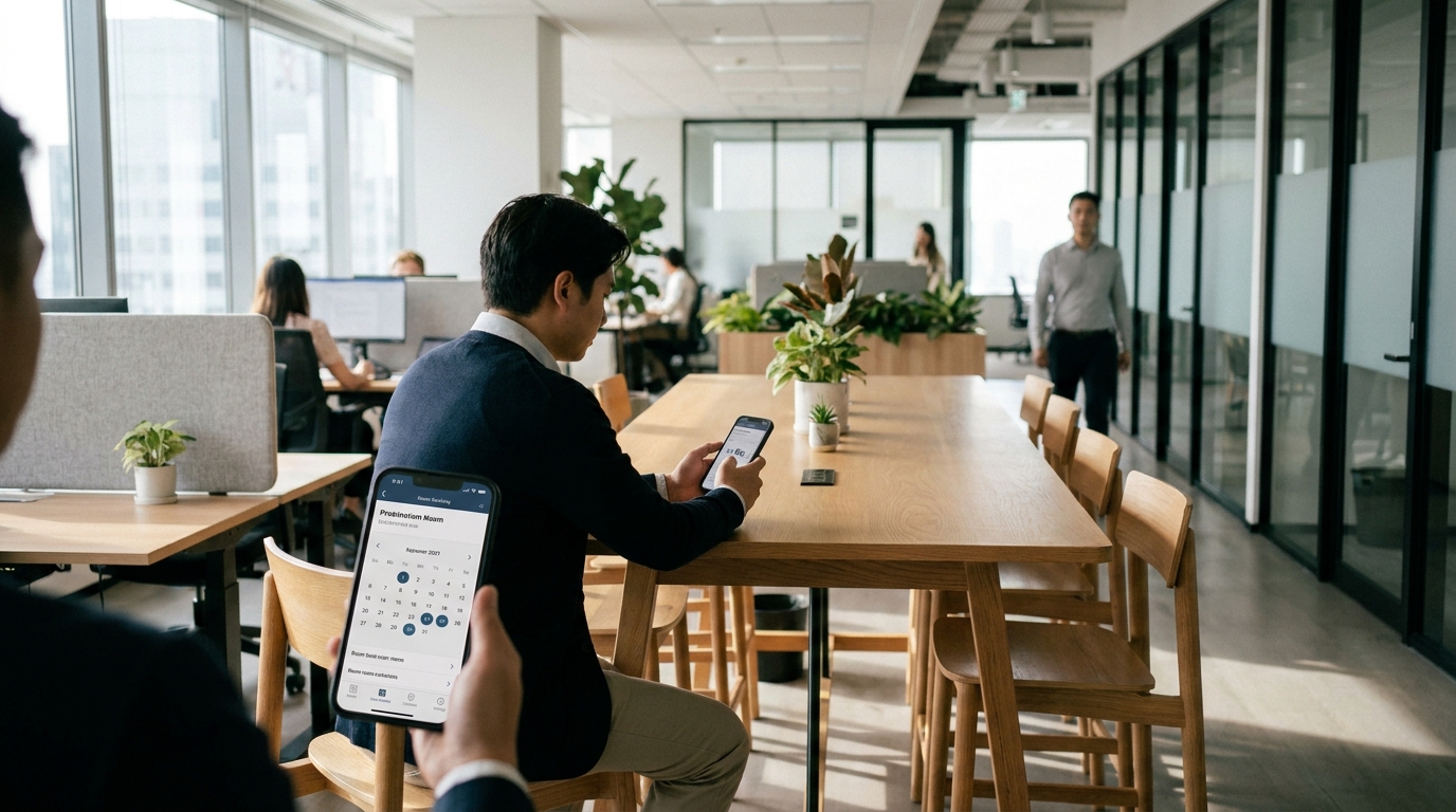 A person using a mobile app to book a meeting room in a modern office setting
