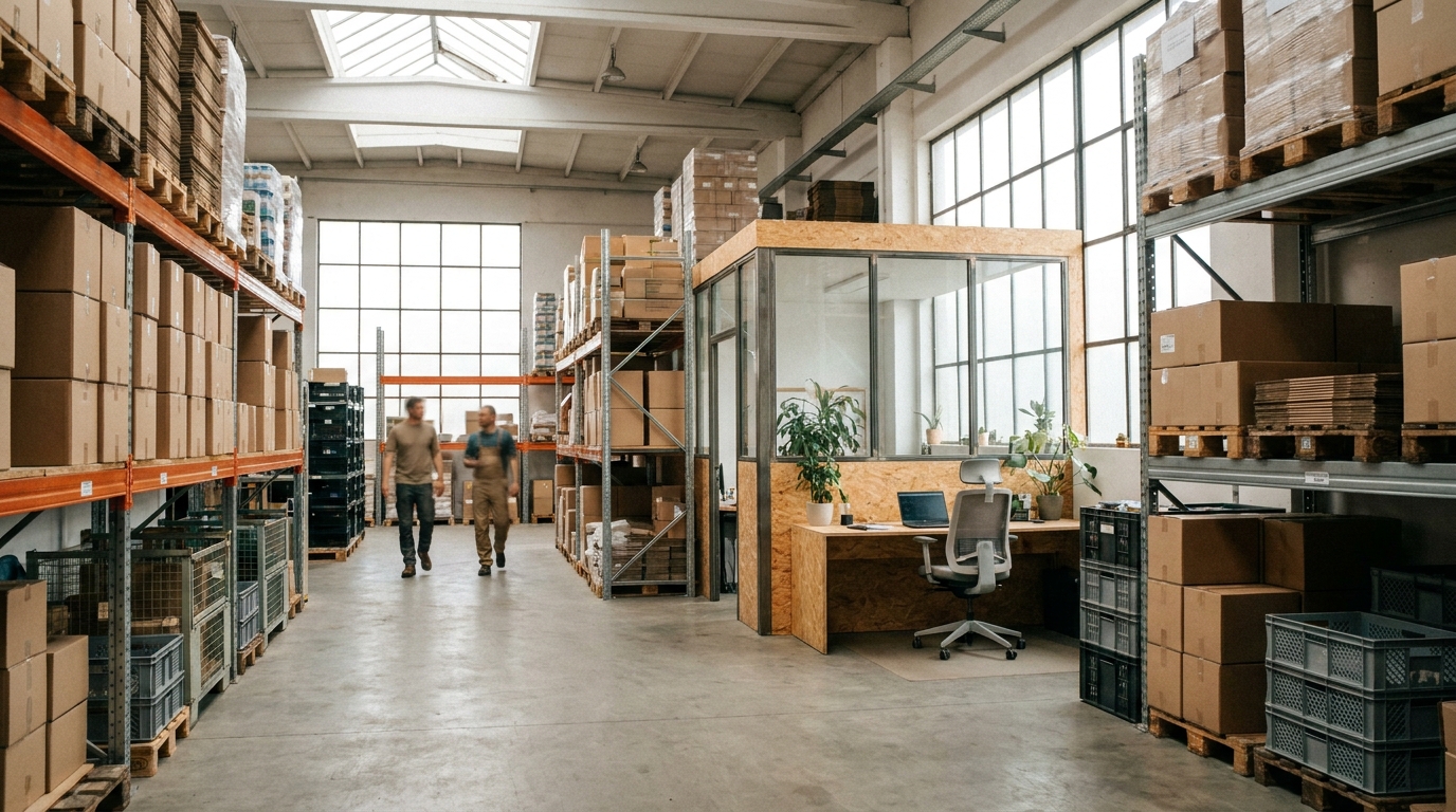A modern shared warehouse space with organised storage units and a small office nook