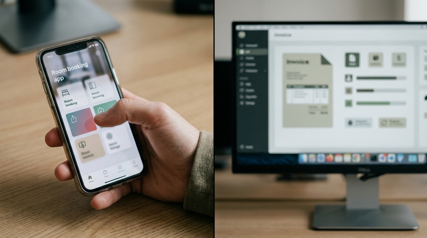 A split screen showing a member booking a meeting room on a phone and the corresponding invoice being generated automatically in the background software