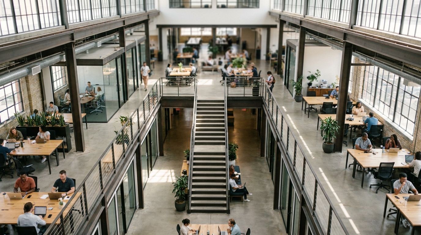 An aerial view of a vibrant multi-level shared office space with diverse professionals working, representing a successful scaled business