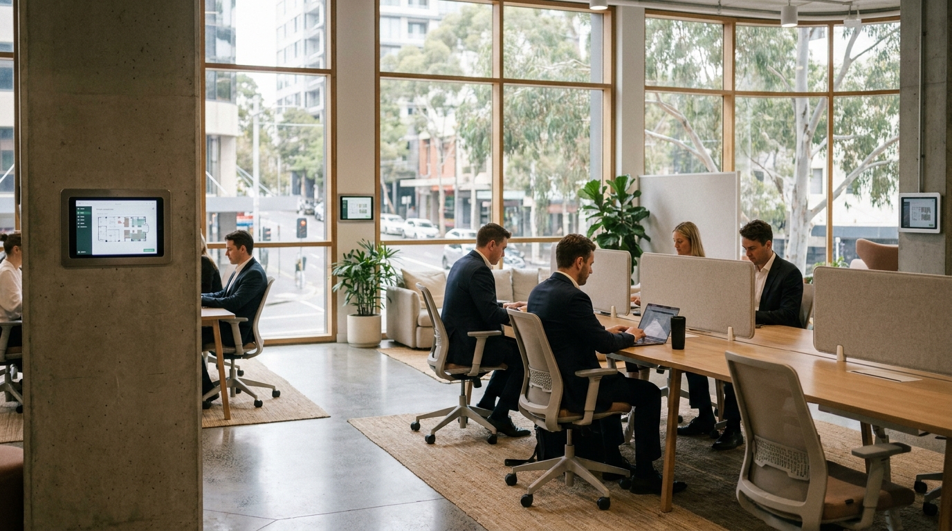 A modern Australian coworking space with integrated smart tablets on walls and ergonomic furniture