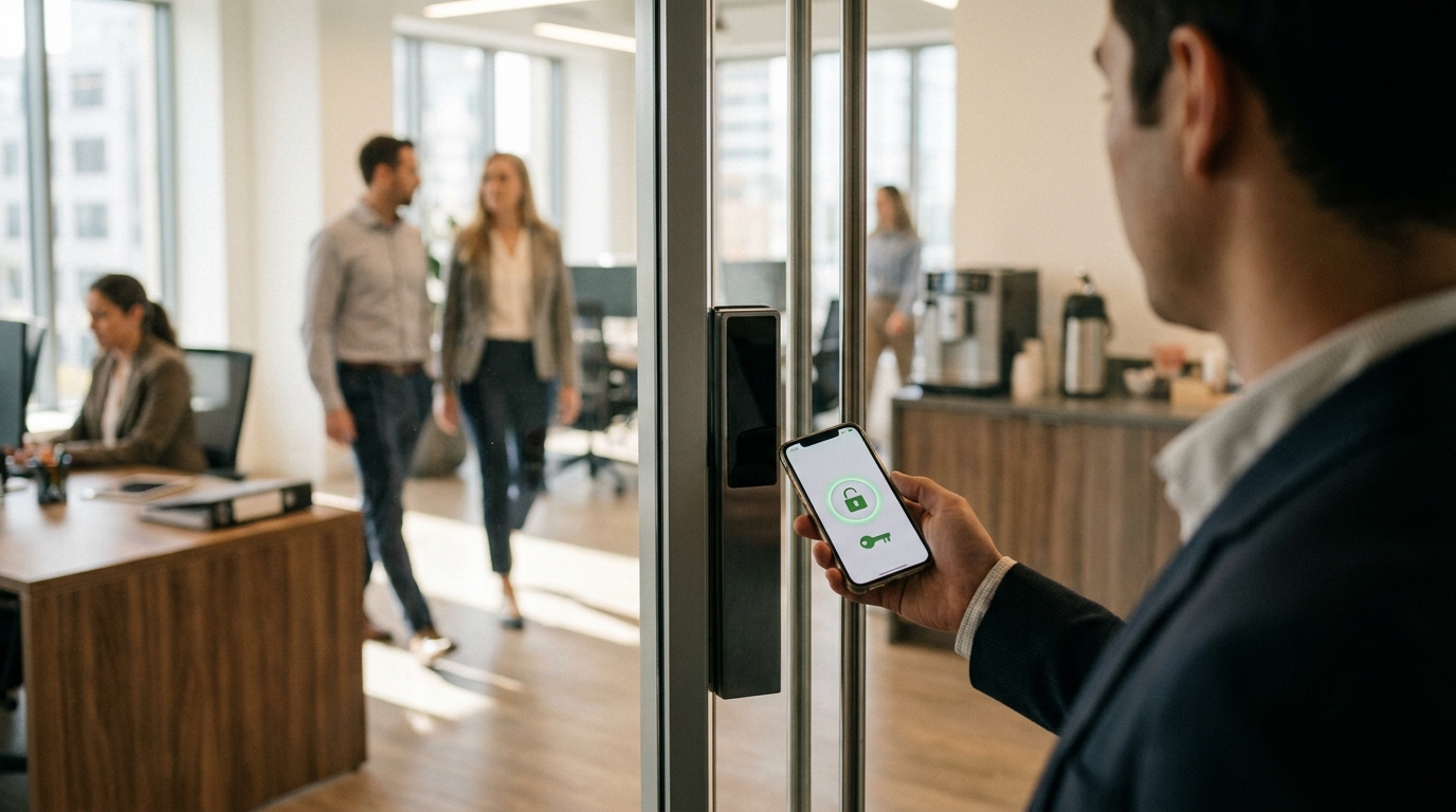 A person using a mobile app to unlock a smart door in a professional office setting