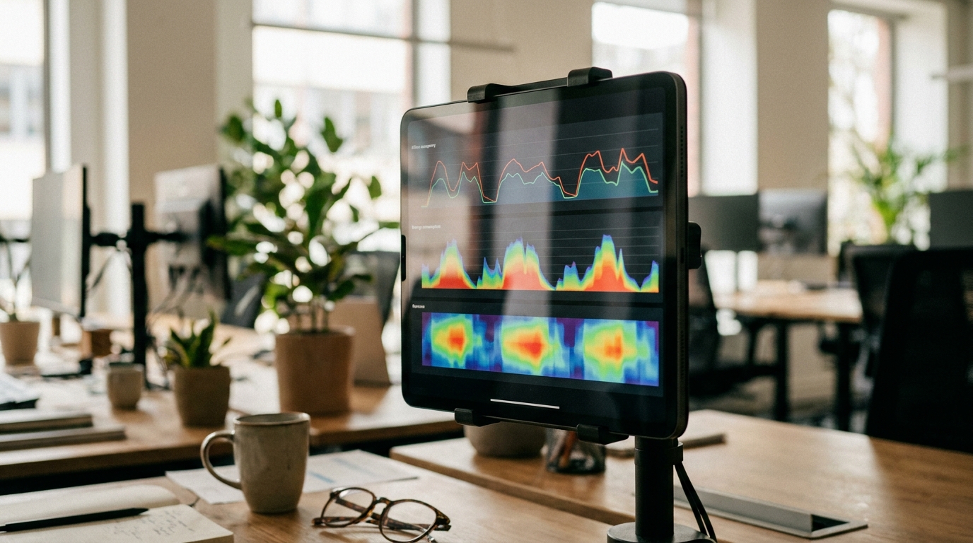 A dashboard showing real time data of office occupancy, energy usage, and revenue metrics