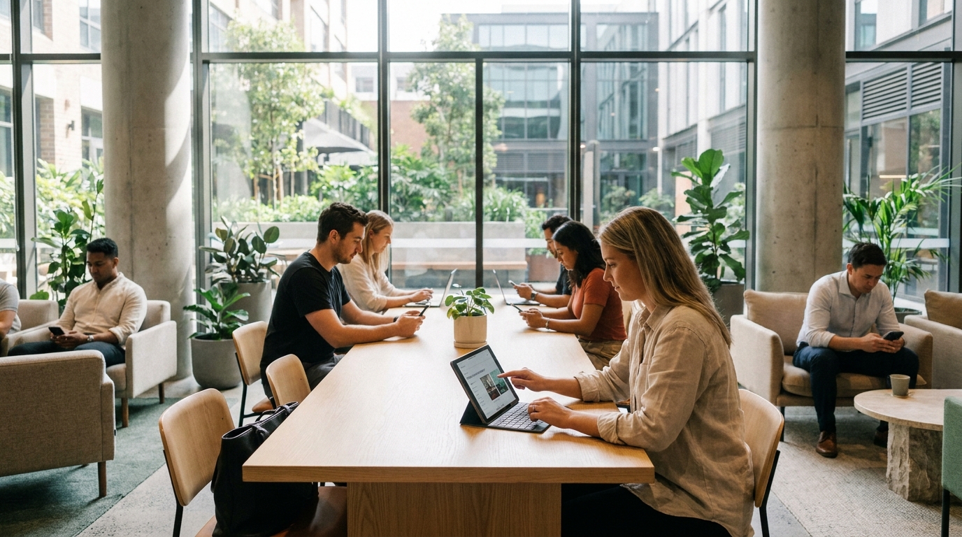 A modern Australian coworking space with members using a mobile app to book meeting rooms while sitting in a bright communal area.