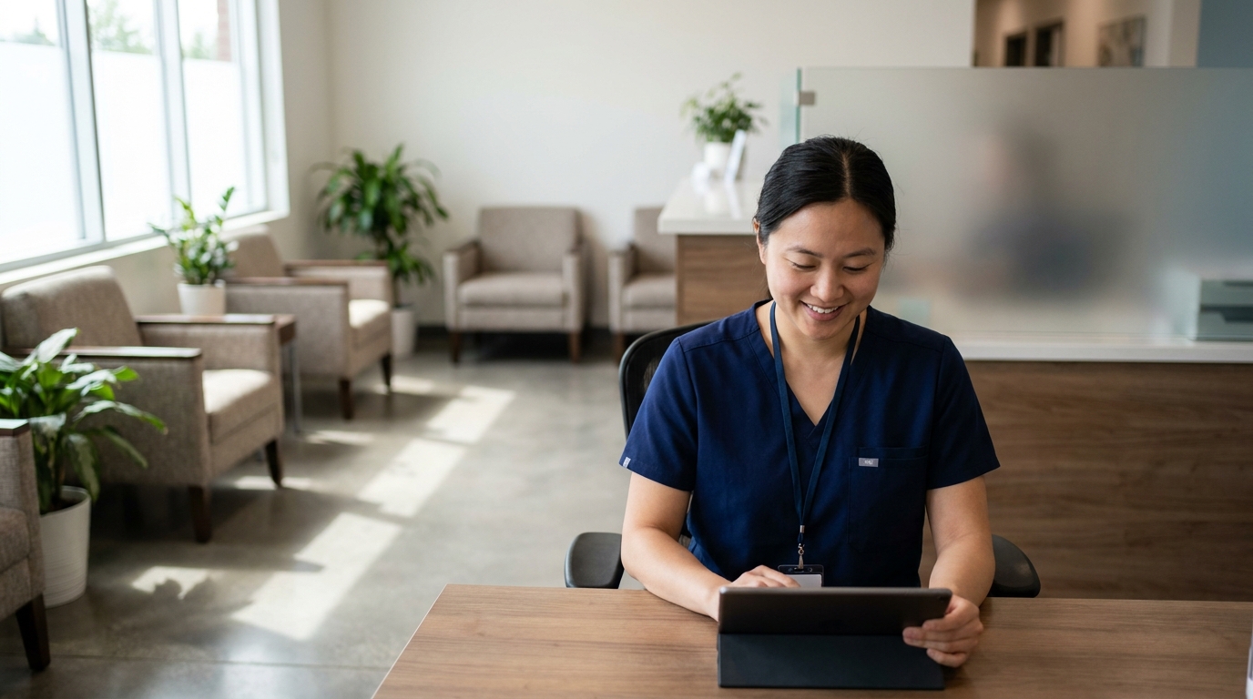 A clean, professional shared health clinic reception area where a practitioner is checking their schedule on a tablet.