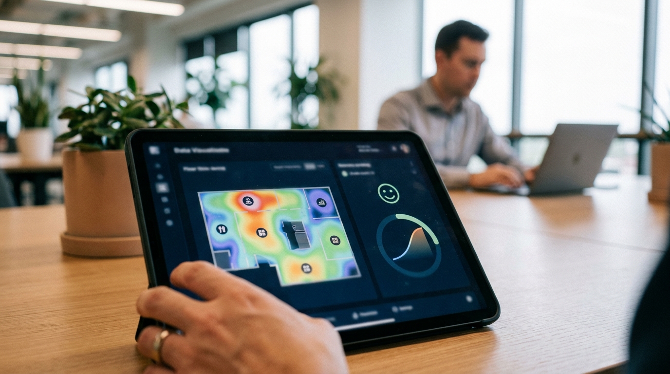 A dashboard showing real-time analytics of workspace occupancy and member satisfaction metrics for multiple locations.