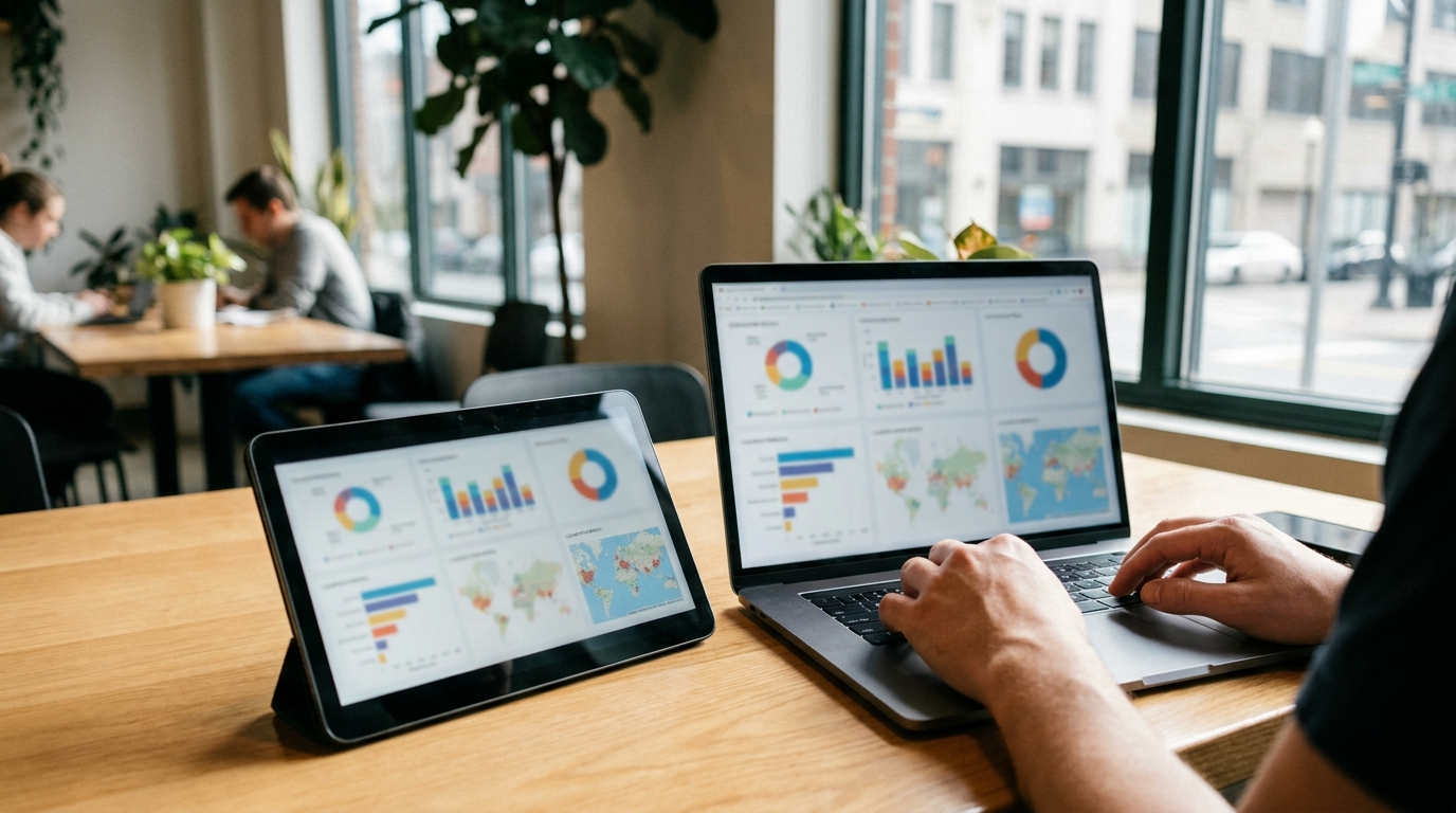 A dashboard showing multiple coworking location metrics on a tablet and laptop