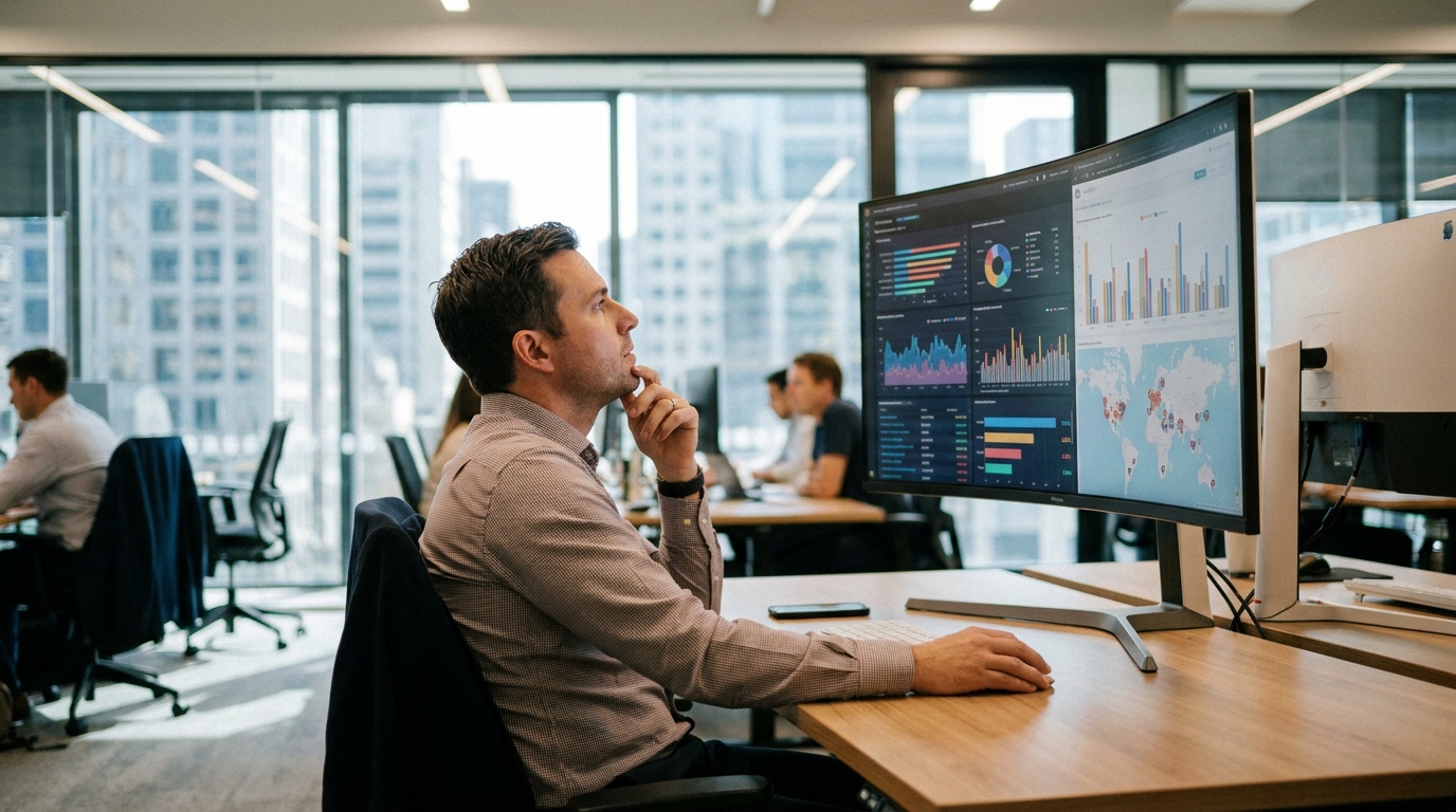Professional manager looking at data visualisations on a large screen in a modern office