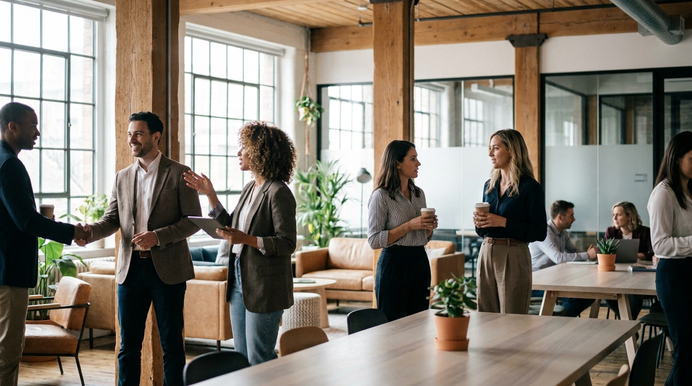 A group of diverse professionals networking in a bright, open-plan coworking space
