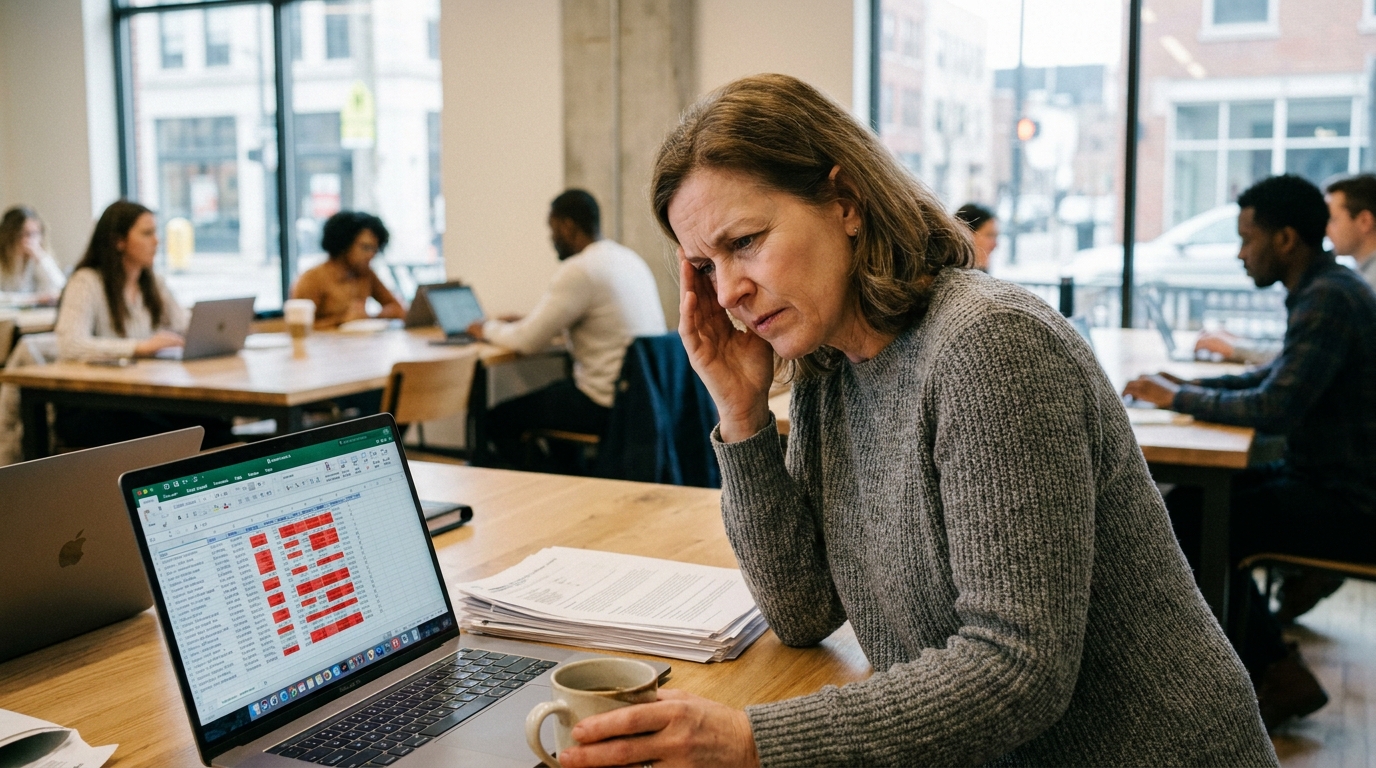 A frustrated coworking manager looking at a complex spreadsheet with red highlights indicating missing payments