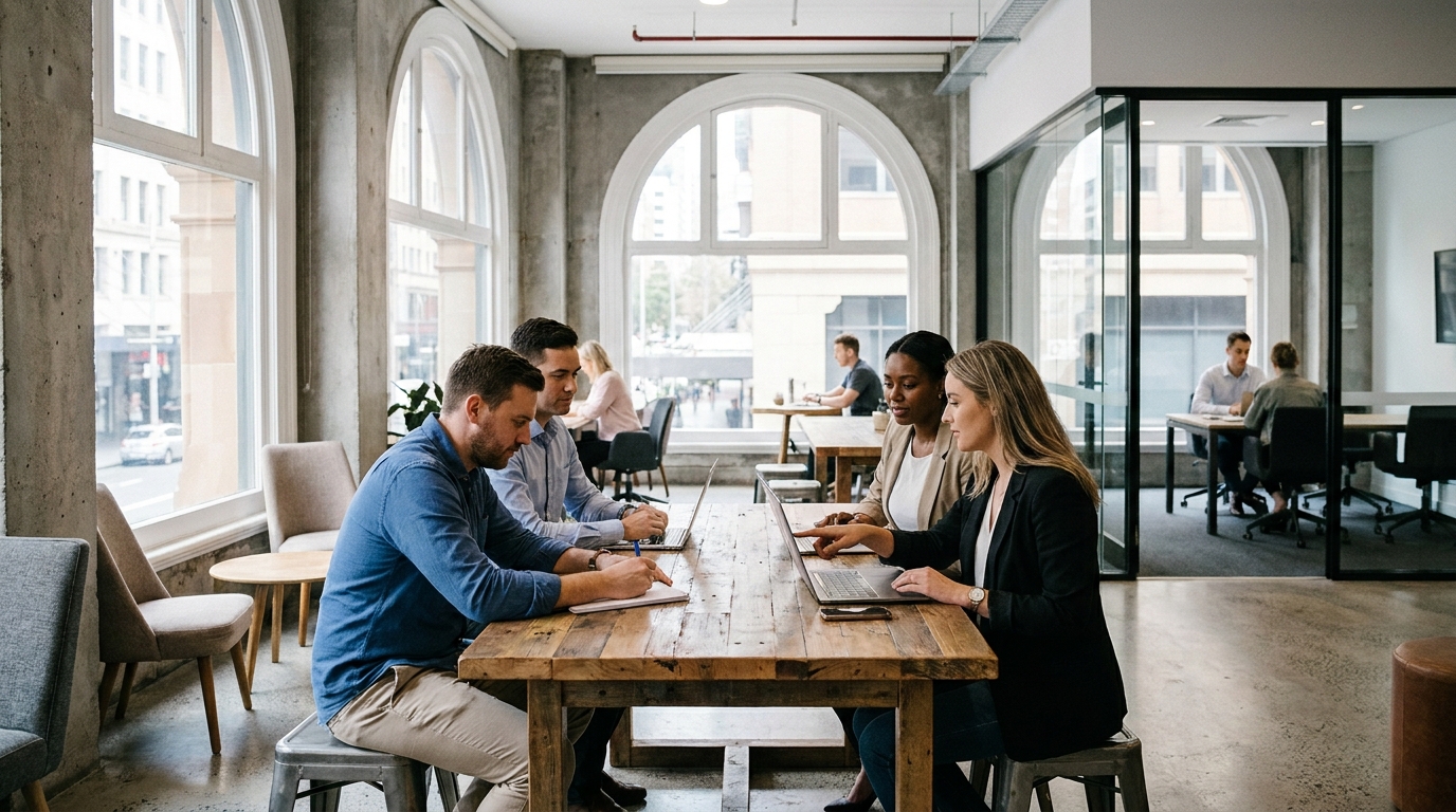 A diverse group of professionals working in a bright, modern Australian coworking space with high-end amenities