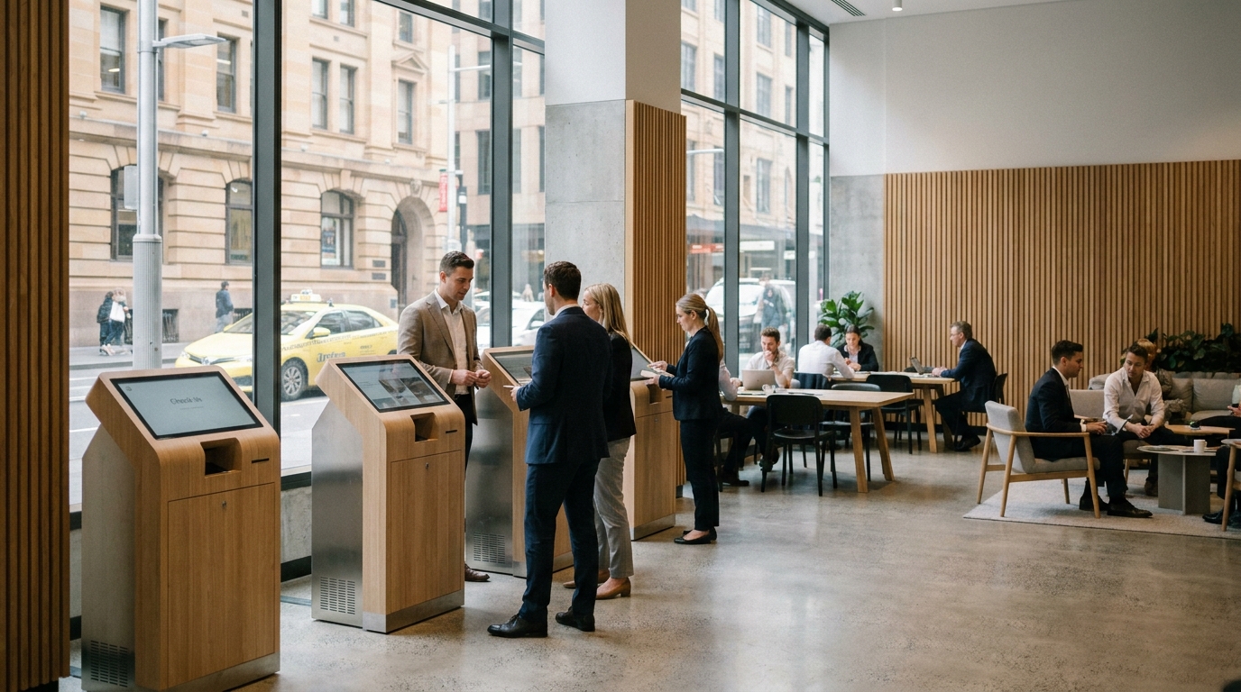 A modern corporate coworking lobby in Sydney with professional staff and digital check-in kiosks