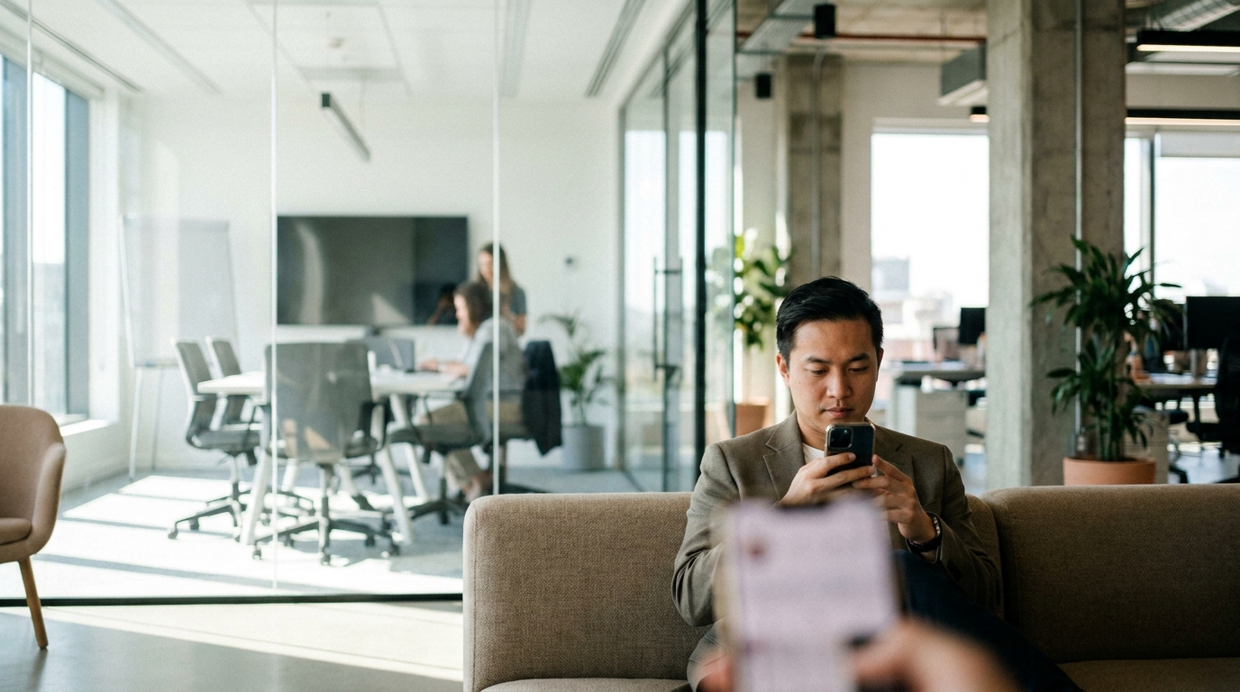 An employee using a mobile app to book a glass-walled meeting room in a professional office setting