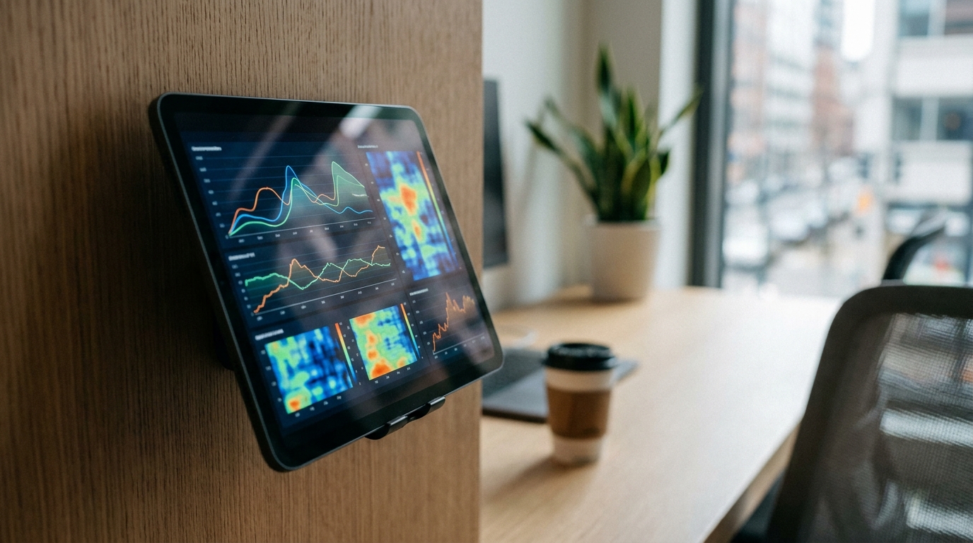 A dashboard showing real-time analytics of space usage, revenue growth, and member satisfaction scores
