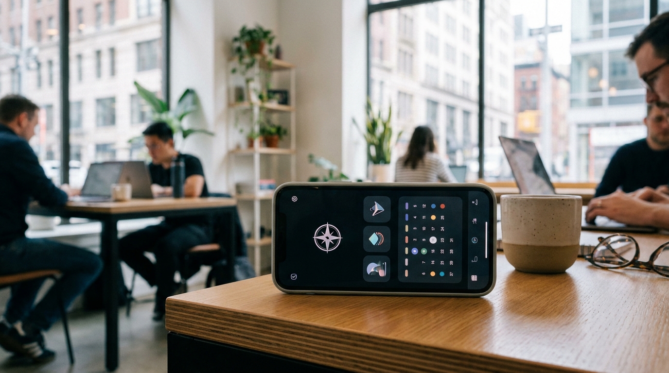 A smartphone displaying a branded coworking app with custom logos and a sleek interface in a modern office setting