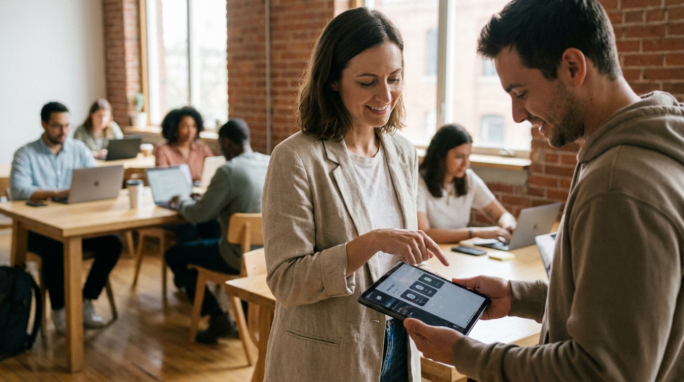 A coworking space manager showing a member how to use the branded mobile app on a tablet