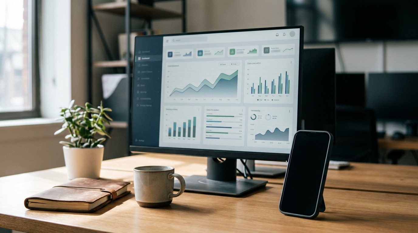 A dashboard showing analytics and member growth charts on a computer screen next to a branded mobile phone
