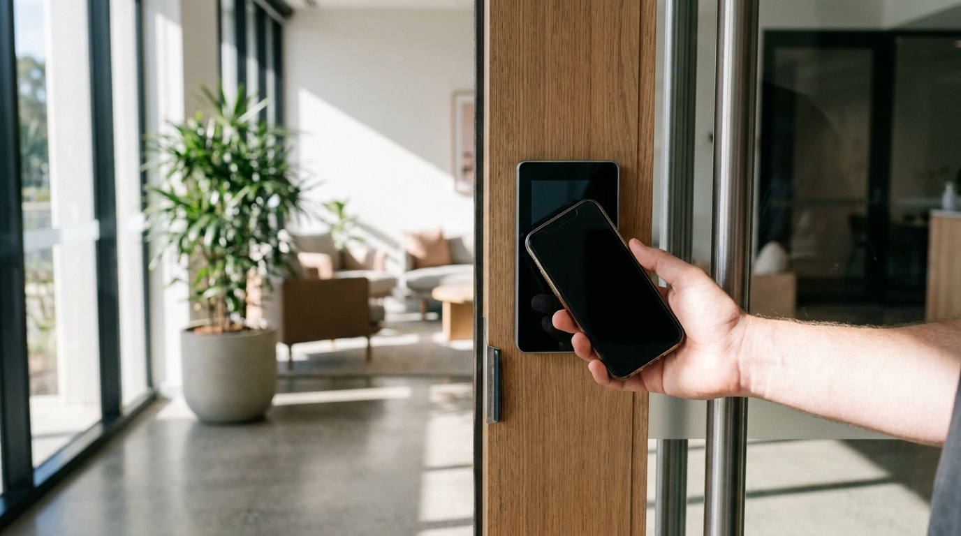 A modern Australian coworking space entrance with a smartphone being used against a sleek digital door reader