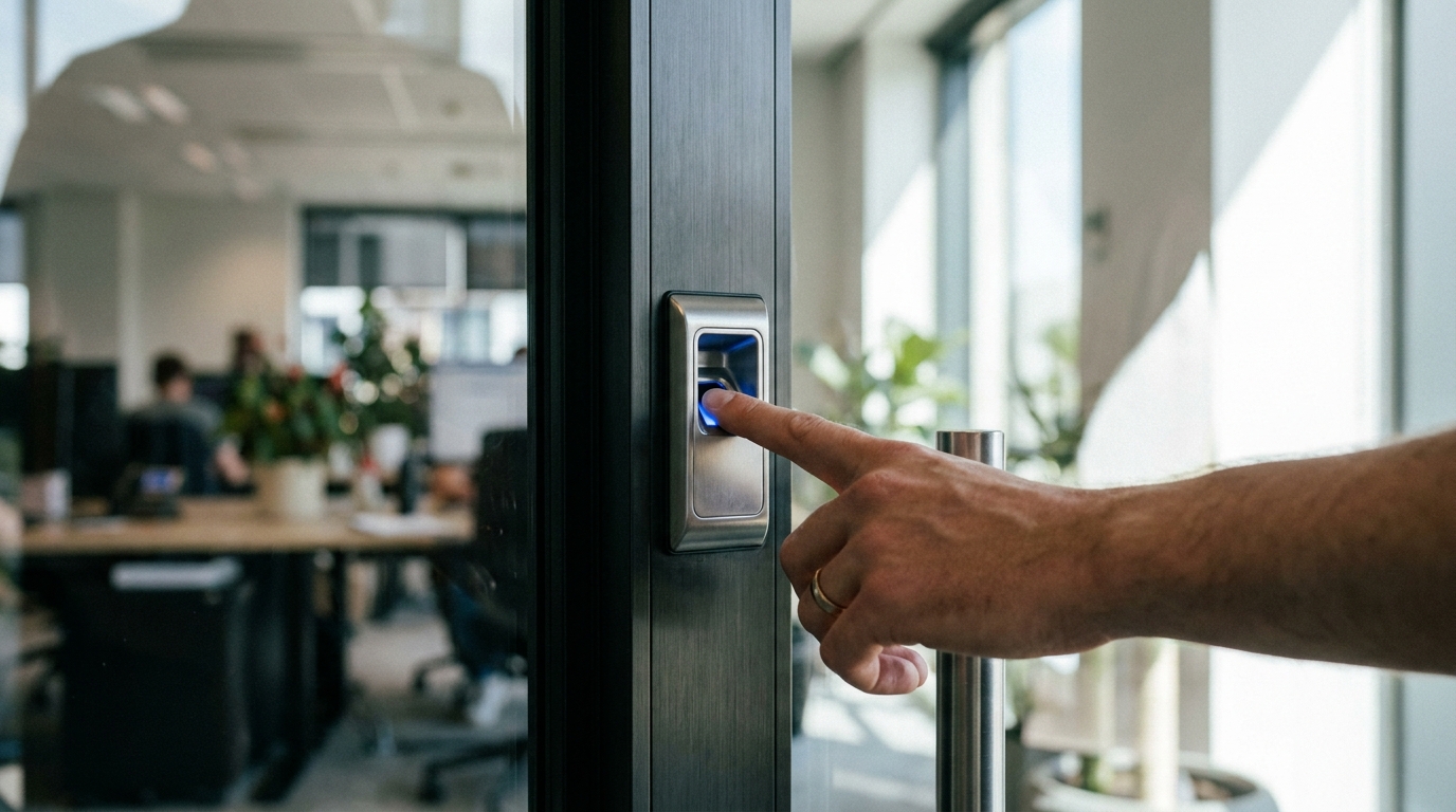 A close up of a biometric fingerprint scanner integrated into a modern glass door frame