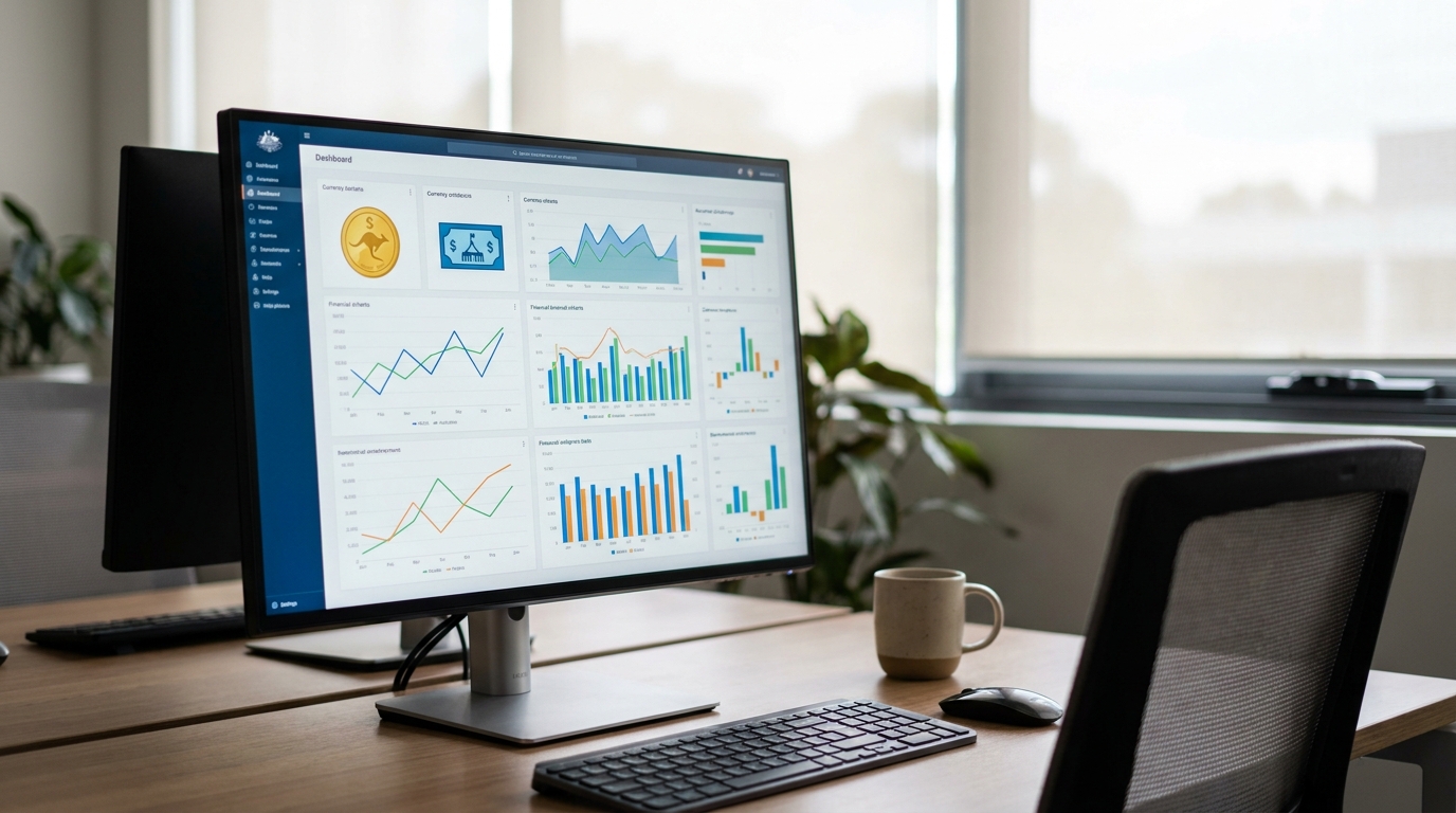 A professional dashboard showing financial charts, cash flow graphs, and Australian currency icons