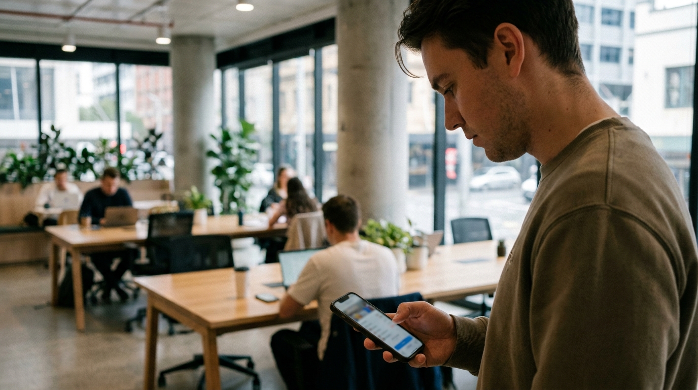 A person using a mobile app to book a coworking desk in a modern Australian office