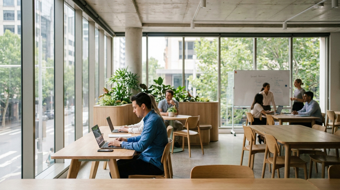 A bright, open plan coworking space in Sydney with people working at ergonomic desks