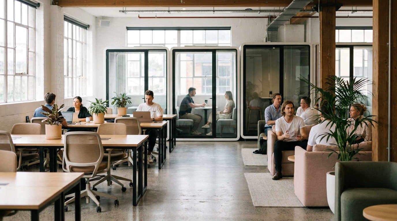 A modern Australian coworking space with various seating arrangements including private pods and open desks
