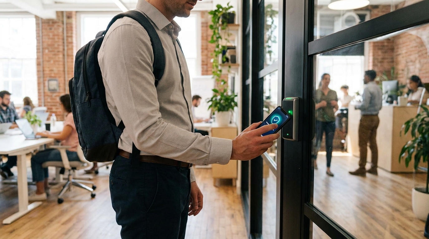 A member using a smartphone app to unlock a private office door in a shared workspace