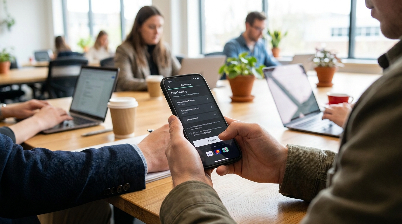 A professional using a mobile app to book a coworking desk with a seamless checkout screen