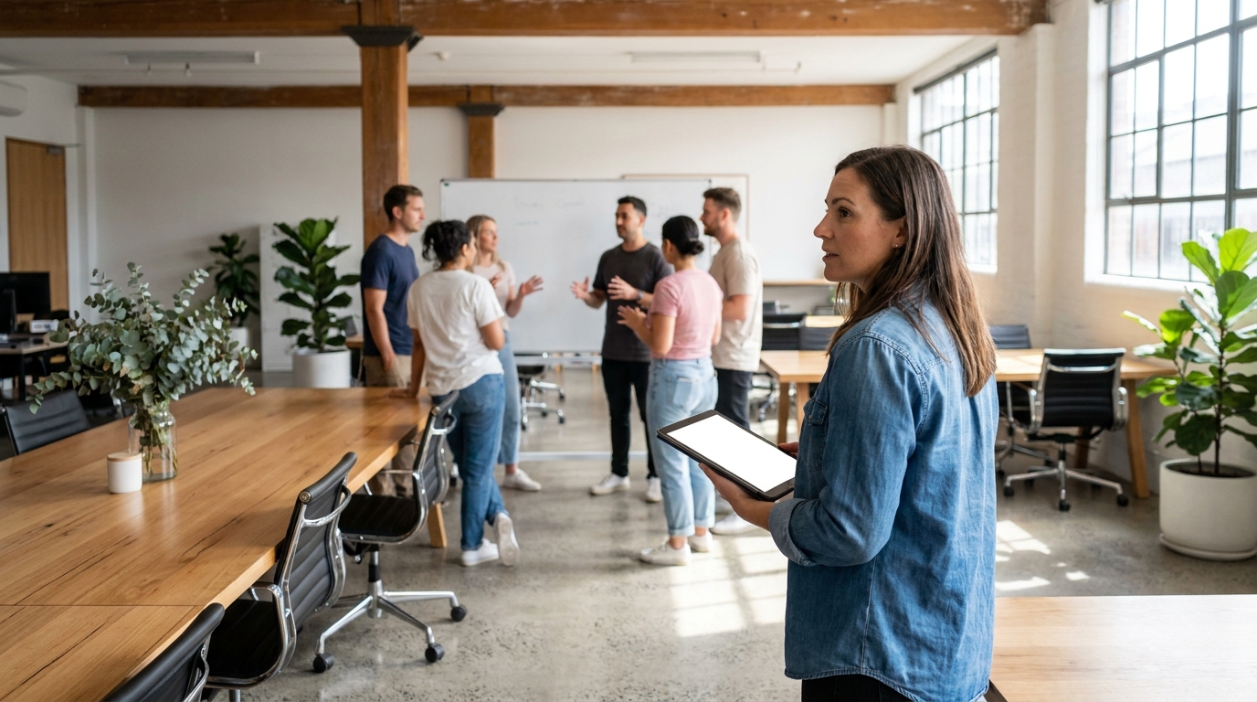 A modern Australian coworking space with members collaborating and a manager using a tablet to oversee operations
