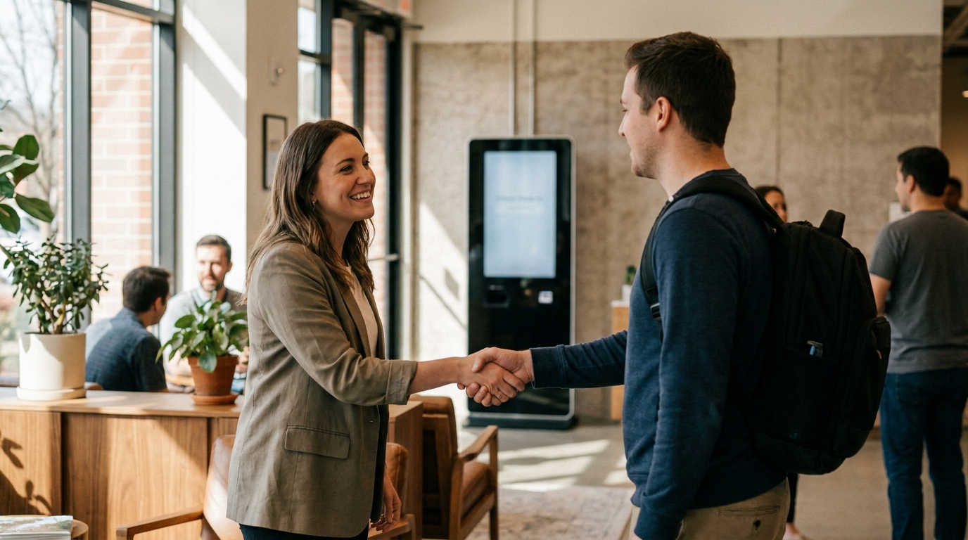 A community manager greeting a member in a vibrant lobby area with a digital check-in kiosk in the background